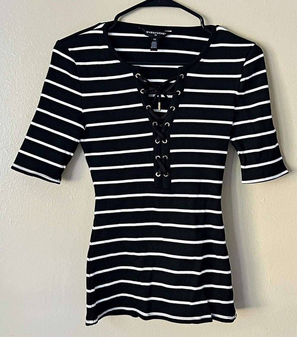 WHBM FORME Black & White Striped Rib Lace-Up Grommet 3/4 Sleeve Top XS